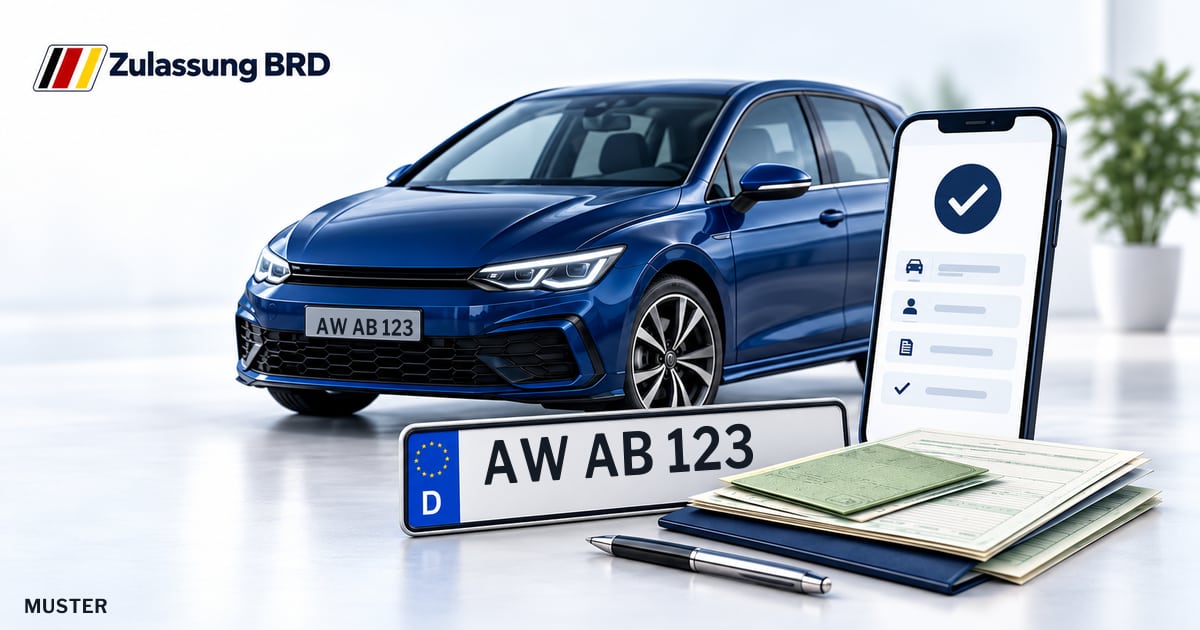 Online Fahrzeugzulassung in Landkreis Ahrweiler: Musterkennzeichen AW AB 123, Auto und Fahrzeugpapiere und Smartphone. Illustration mit Logo von Zulassung BRD.